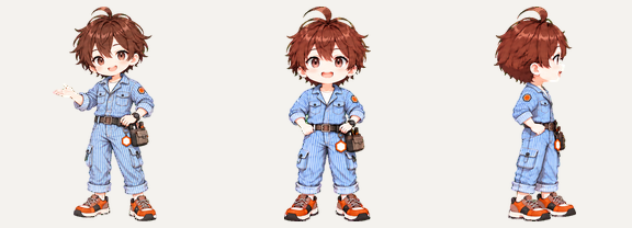 同じキャラクターの全身が3つ並んでいる。左は茶色の髪で、中央と右は赤みの強い髪になっている