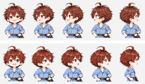 同じキャラクターの上半身が上下2列に5つずつ並んでいる。上の列は左から2番目から4番目の顔が画面の左を向き、5番目で急に右を向く。下の列は左から右へ、顔が少しずつ右へ回っていく