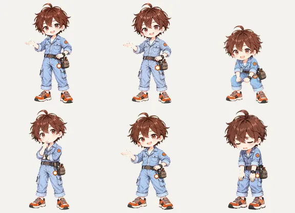 ストライプのツナギを着た少年のキャラクターが6つ並んで動いている。体を揺らして待つ、手を振る、ジャンプする、あごに手を当てて考える、確かめる、しゃがみこんで落ち込む